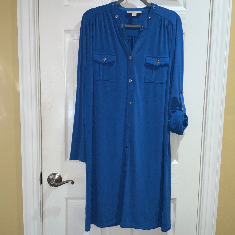 Michael Kors blue shirt dress Sz XL front flap pockets roll tab sleeves